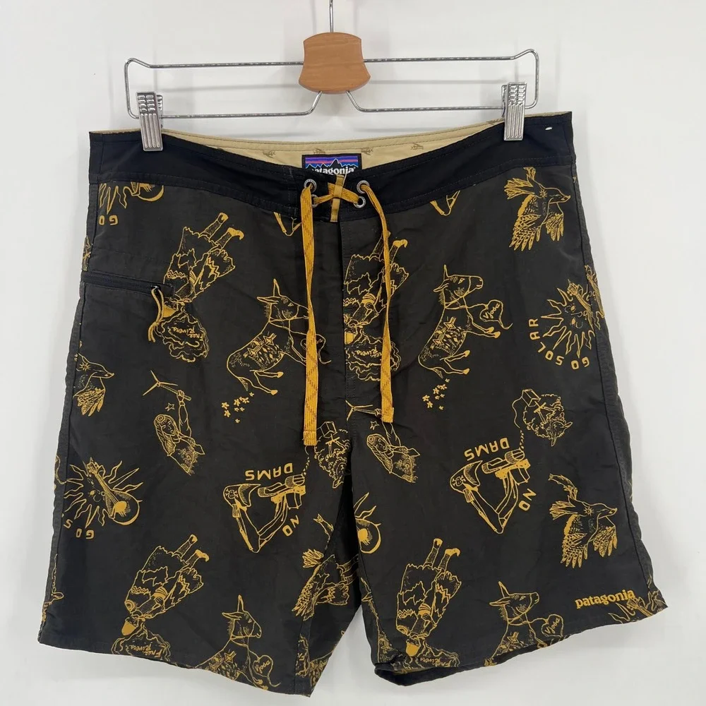 Patagonia Men 34 Stretch Planing Board Shorts Black Yellow No Dams Print